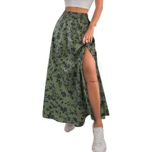 imageAvanova Women Boho Floral Slit Maxi Skirt Split Thigh High Waisted Long Sexy SkirtGreen Floral