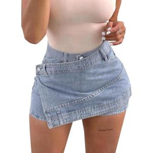 imageAvanova Women Denim Mini Skirt Jean Skort Sexy High Waisted Asymmetrical Stretch Short SkirtsBlue