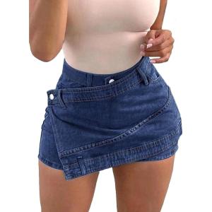 imageAvanova Women Denim Mini Skirt Jean Skort Sexy High Waisted Asymmetrical Stretch Short SkirtsBlue E