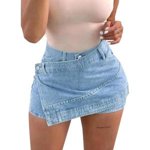 imageAvanova Women Denim Mini Skirt Jean Skort Sexy High Waisted Asymmetrical Stretch Short SkirtsBlue F