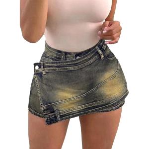 imageAvanova Women Denim Mini Skirt Jean Skort Sexy High Waisted Asymmetrical Stretch Short SkirtsGrey