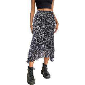 imageAvanova Women Mesh Asymmetrical Mermaid Midi Skirt High Waist Fishtail Long SkirtFloral Black