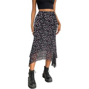 imageAvanova Women Mesh Asymmetrical Mermaid Midi Skirt High Waist Fishtail Long SkirtFloral Black B