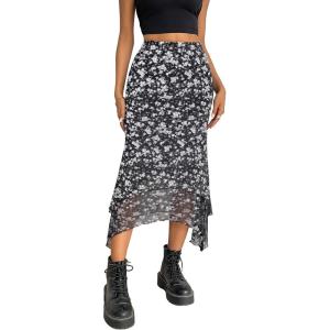 imageAvanova Women Mesh Asymmetrical Mermaid Midi Skirt High Waist Fishtail Long SkirtFloral Black C