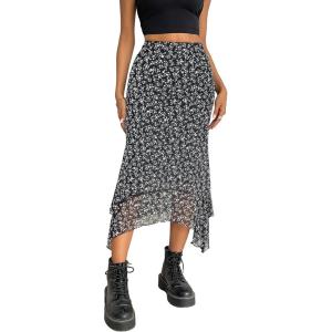 imageAvanova Women Mesh Asymmetrical Mermaid Midi Skirt High Waist Fishtail Long SkirtFloral Black D