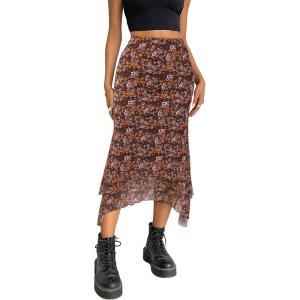 imageAvanova Women Mesh Asymmetrical Mermaid Midi Skirt High Waist Fishtail Long SkirtFloral Brown