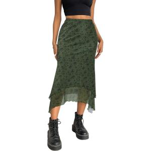 imageAvanova Women Mesh Asymmetrical Mermaid Midi Skirt High Waist Fishtail Long SkirtFloral Green B