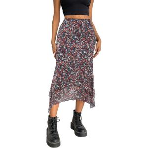 imageAvanova Women Mesh Asymmetrical Mermaid Midi Skirt High Waist Fishtail Long SkirtFloral Muticolor