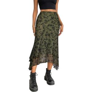 imageAvanova Women Mesh Asymmetrical Mermaid Midi Skirt High Waist Fishtail Long SkirtGreen Flower 12