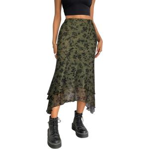 imageAvanova Women Mesh Asymmetrical Mermaid Midi Skirt High Waist Fishtail Long SkirtGreen Flower