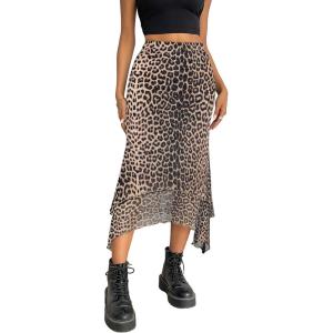 imageAvanova Women Mesh Asymmetrical Mermaid Midi Skirt High Waist Fishtail Long SkirtKhaki Leopard