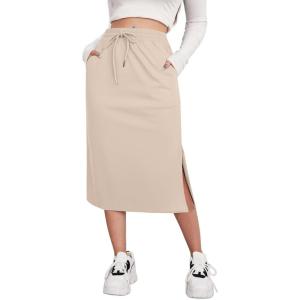 imageAvanova Women Slit Midi Skirt High Waisted Split Summer Casual Drawstring Pockets Sweat SkirtBeige