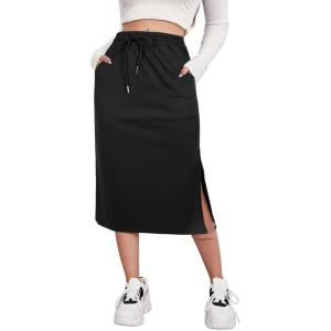 imageAvanova Women Slit Midi Skirt High Waisted Split Summer Casual Drawstring Pockets Sweat SkirtBlack
