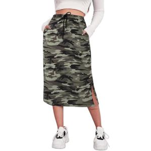 imageAvanova Women Slit Midi Skirt High Waisted Split Summer Casual Drawstring Pockets Sweat SkirtCamo Green
