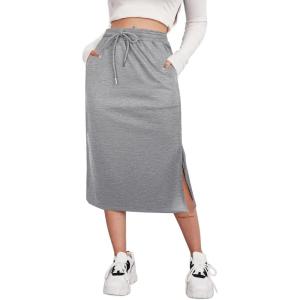 imageAvanova Women Slit Midi Skirt High Waisted Split Summer Casual Drawstring Pockets Sweat SkirtGrey