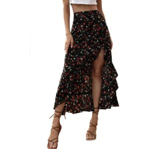 imageAvanova Womens Slit Split Ruffle Long Skirts High Waisted Summer Flowy Maxi SkirtsBlack Floral