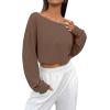 imageAvanova Women Off Shoulder Boat Neck Crop Tops Long Sleeves Oversized Loose Tee ShirtsBrown