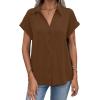 imageAvanova Women Button Down Short Sleeve Shirt Blouse V Neck Work Business TopBrown