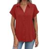 imageAvanova Women Button Down Short Sleeve Shirt Blouse V Neck Work Business TopRed