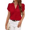 imageAvanova Women Heart Print Tulip Short Sleeve Shirt Blouse Notched V Neck Work TopRed