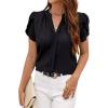 imageAvanova Women Heart Print Tulip Short Sleeve Shirt Blouse Notched V Neck Work TopSolid Black
