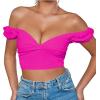 imageAvanova Women Off Shoulder Short Sleeve Crop Top Twist Front V Neck Blouse Sexy Shirt Hot Pink XSmall