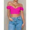 imageAvanova Women Off Shoulder Short Sleeve Crop Top Twist Front V Neck Blouse Sexy Shirt Hot Pink XSmall