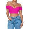 imageAvanova Women Off Shoulder Short Sleeve Crop Top Twist Front V Neck Blouse Sexy Shirt Hot Pink XSmall