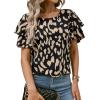 imageAvanova Women Print Ruffle Flutter Blouse Short Sleeve Work Business Top ShirtBlack Khaki