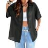 imageAvanova Women See Through Mesh Button Down Top Half Sleeve Collared Shirt BlouseBlack