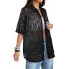 imageAvanova Women See Through Mesh Button Down Top Half Sleeve Collared Shirt BlouseBlack Line