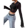 imageAvanova Women Sheer Mesh Button Down Crop Top Bell Sleeve Asymmetrical Hem ShirtBlack C