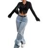 imageAvanova Women Sheer Mesh Button Down Crop Top Bell Sleeve Asymmetrical Hem ShirtBlack C