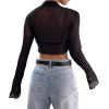 imageAvanova Women Sheer Mesh Button Down Crop Top Bell Sleeve Asymmetrical Hem ShirtBlack C