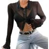imageAvanova Women Sheer Mesh Button Down Crop Top Bell Sleeve Asymmetrical Hem ShirtBlack C