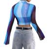 imageAvanova Women Sheer Mesh Button Down Crop Top Bell Sleeve Asymmetrical Hem ShirtTie Dye Blue