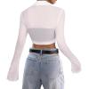 imageAvanova Women Sheer Mesh Button Down Crop Top Bell Sleeve Asymmetrical Hem ShirtWhite