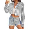 imageAvanova Women Striped Button Down Crop Top Collared Neck Long Sleeve Blouses ShirtBlack