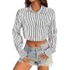 imageAvanova Women Striped Button Down Crop Top Collared Neck Long Sleeve Blouses ShirtBlack