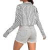 imageAvanova Women Striped Button Down Crop Top Collared Neck Long Sleeve Blouses ShirtBlack
