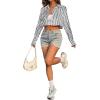 imageAvanova Women Striped Button Down Crop Top Collared Neck Long Sleeve Blouses ShirtBlack