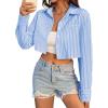imageAvanova Women Striped Button Down Crop Top Collared Neck Long Sleeve Blouses ShirtBlue