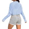 imageAvanova Women Striped Button Down Crop Top Collared Neck Long Sleeve Blouses ShirtBlue