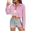 imageAvanova Women Striped Button Down Crop Top Collared Neck Long Sleeve Blouses ShirtPink