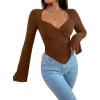 imageAvanova Womens Long Sleeve Square Neck Crop Top Twist Front Asymmetrical ShirtBrown 03