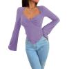 imageAvanova Womens Long Sleeve Square Neck Crop Top Twist Front Asymmetrical ShirtPurple