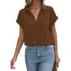 imageAvanova Women Button Down Short Sleeve Shirt Blouse V Neck Work Business TopBrown