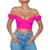 imageAvanova Women Off Shoulder Short Sleeve Crop Top Twist Front V Neck Blouse Sexy Shirt Hot Pink XSmall