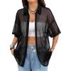 imageAvanova Women See Through Mesh Button Down Top Half Sleeve Collared Shirt BlouseBlack Hollow