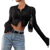 imageAvanova Women Sheer Mesh Button Down Crop Top Bell Sleeve Asymmetrical Hem ShirtBlack C